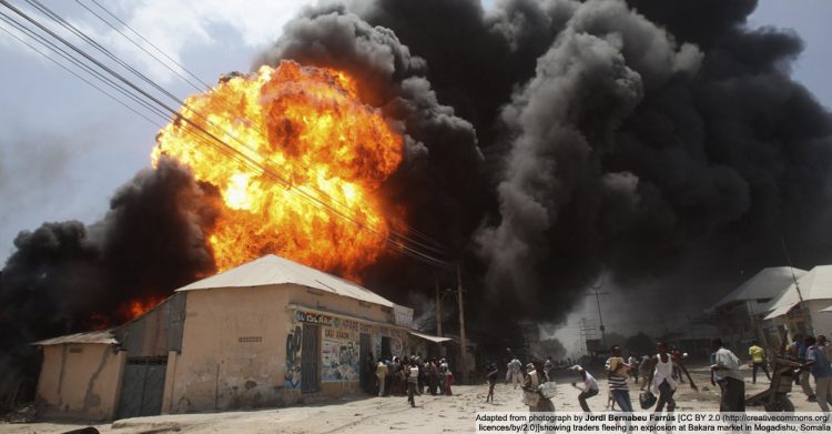 Adapted from photograph by Jordi Bernabeu Farrús [CC BY 2.0 (http://creativecommons.org/licences/by/2.0)] showing traders fleeing an explosion at Bakara market in Mogadishu
