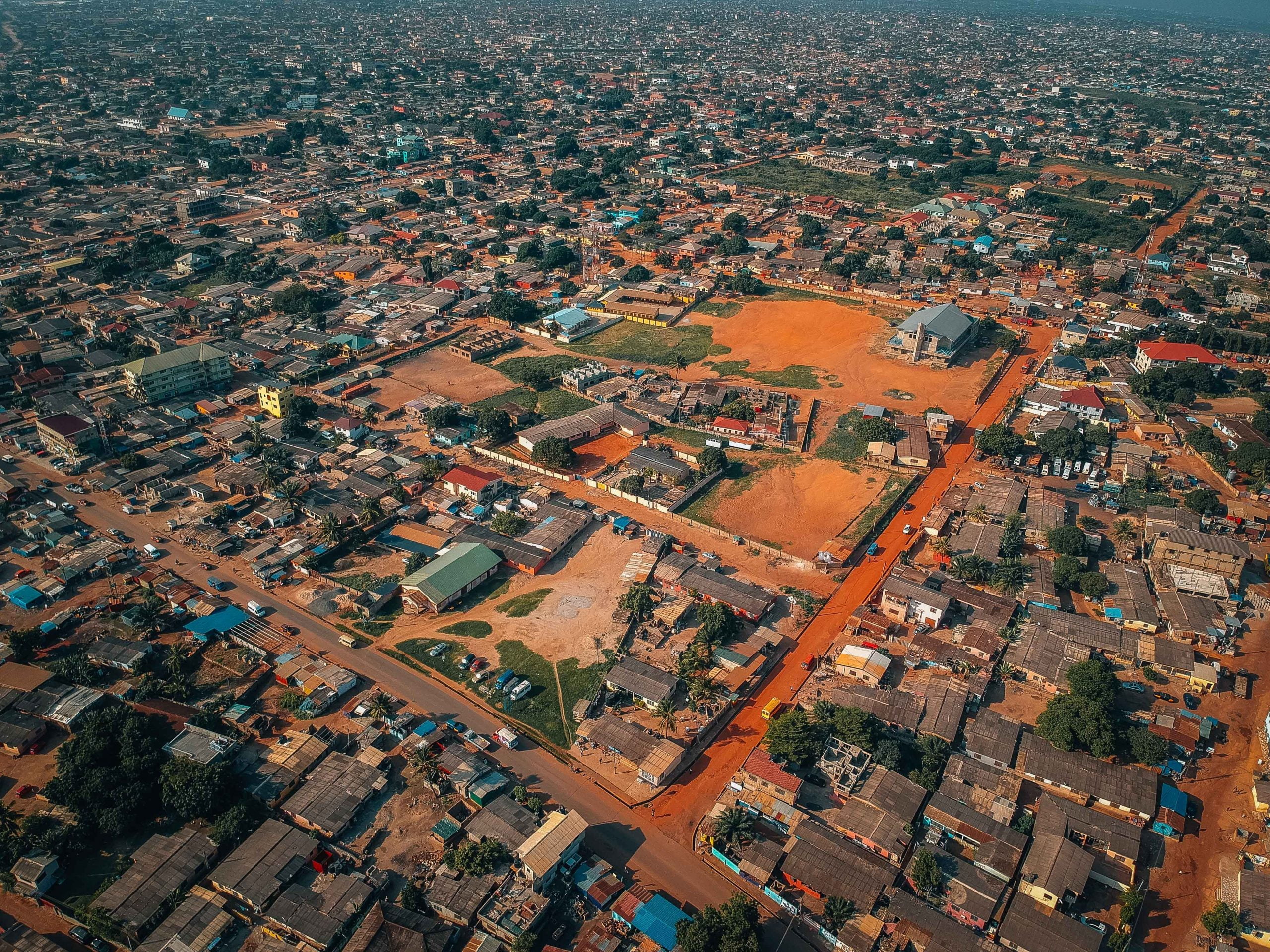 A drone shot of the vast landscape of Ghana, Accra.